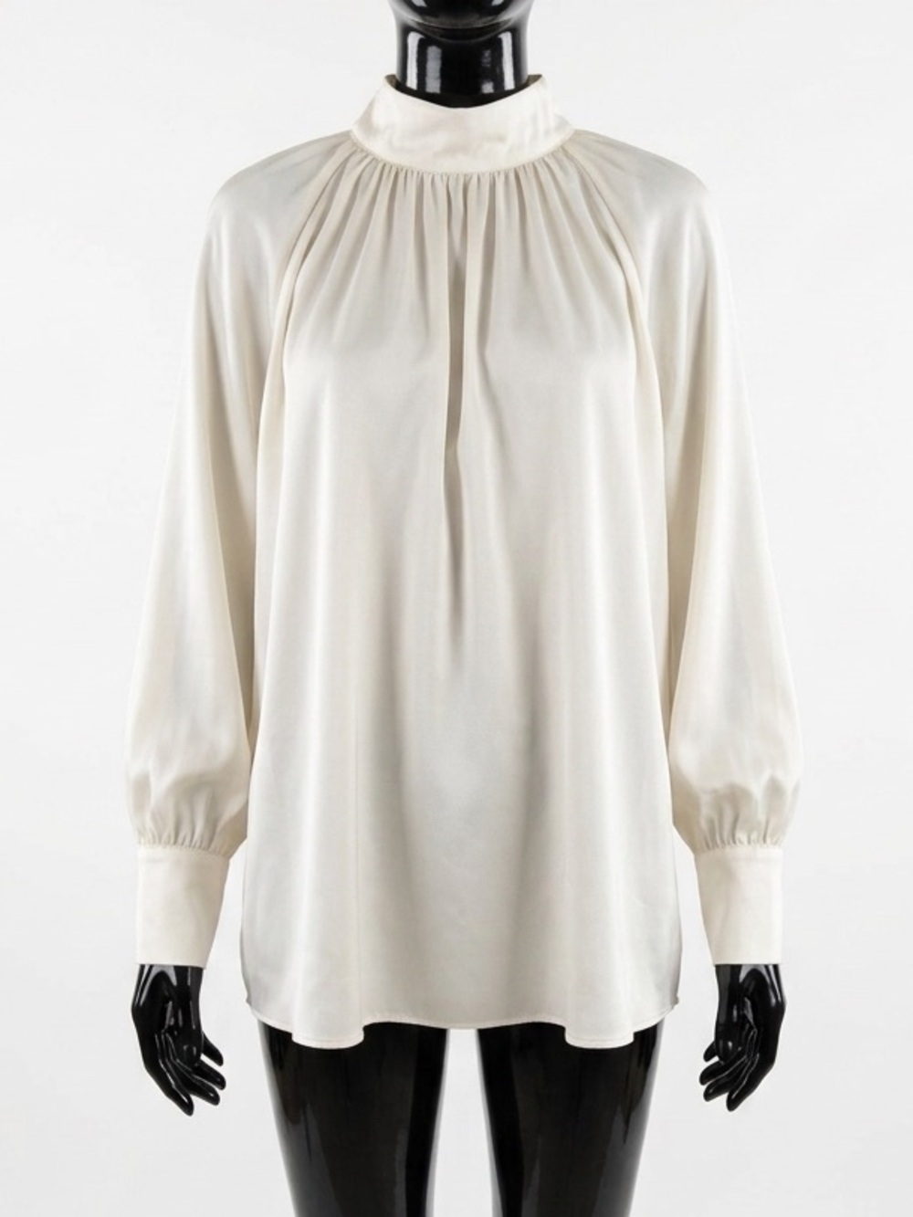ZARA Satin Effect Mock Neck Blouse Ivory Cream High Neck Flowy Long Sleeve - L